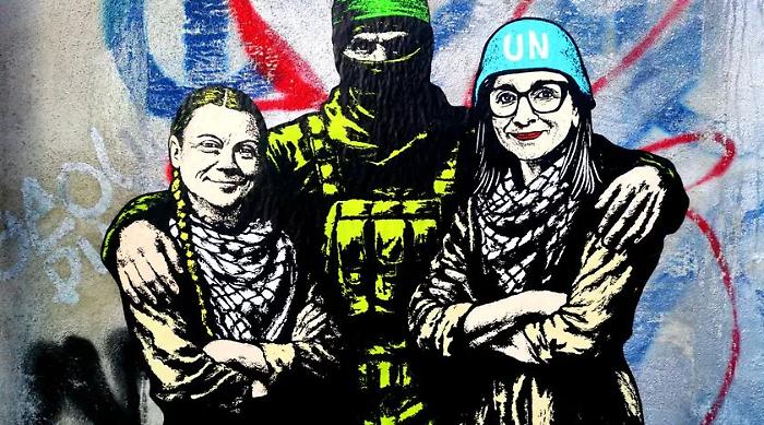 A Roma murale con Thunberg, Albanese e miliziano di Hamas